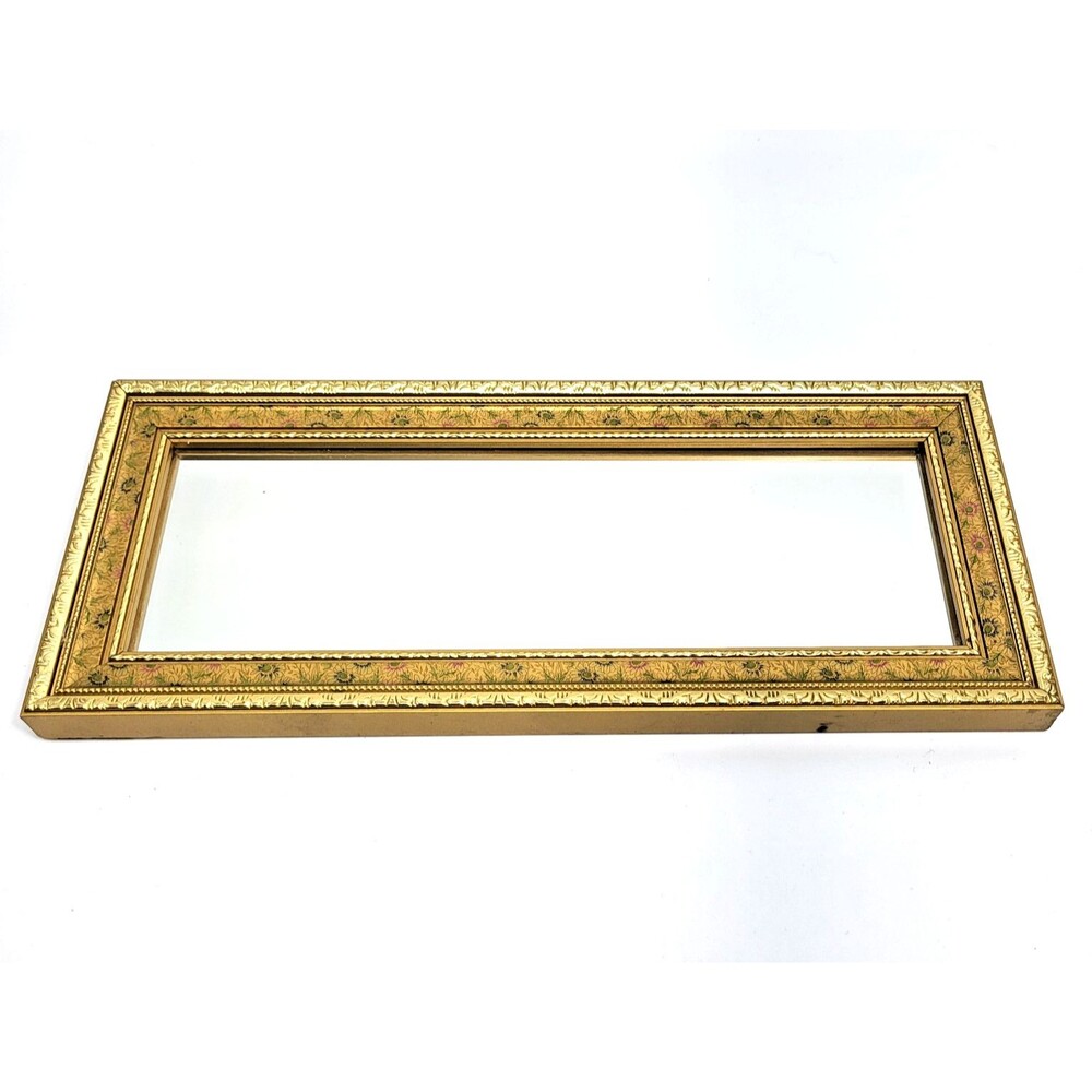 Vintage Ornate Gold Faux Gilt Small Wall Mirror Narrow Rectangle Floral